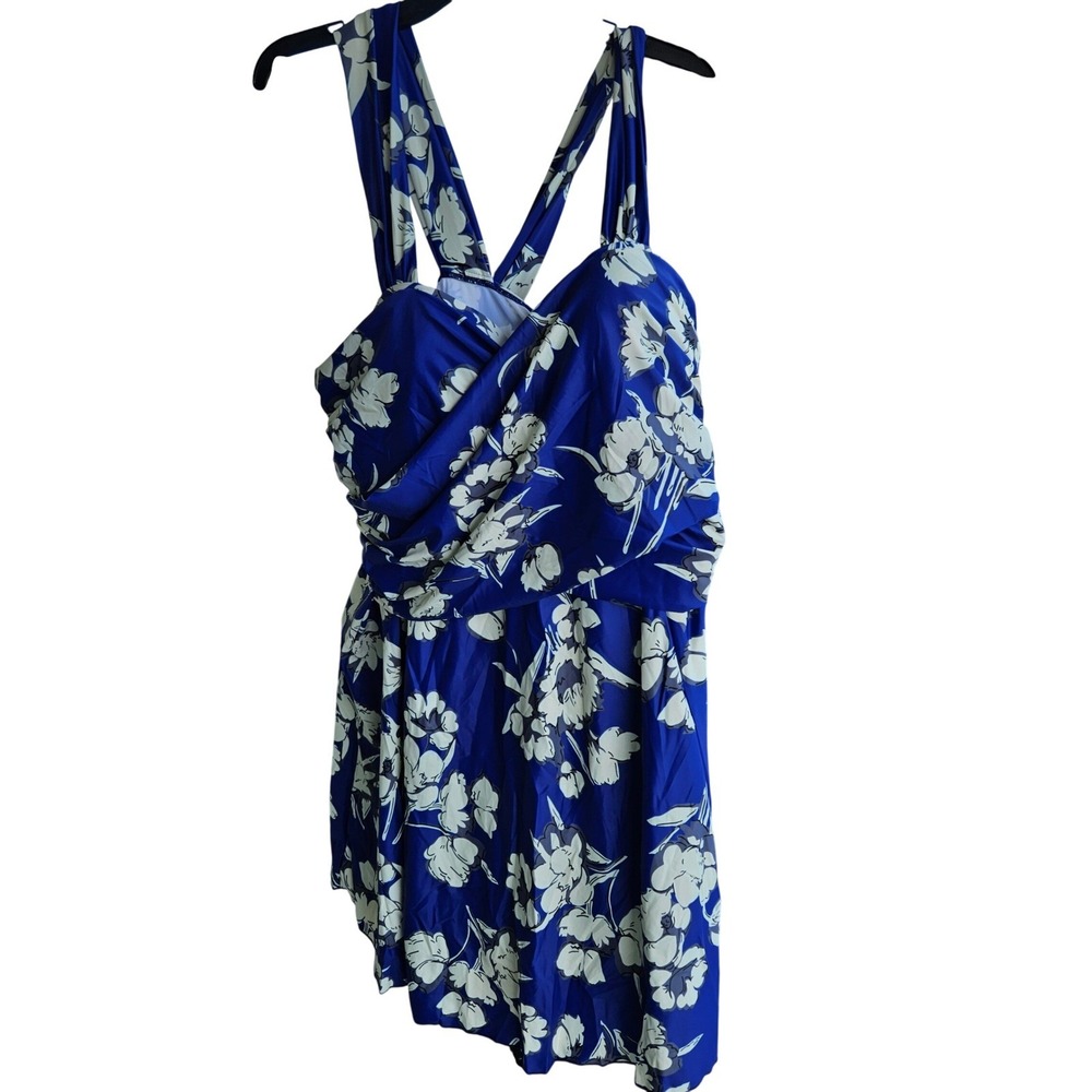 COCOPEAR Women Blue Floral Push Up Swim Dress Plus Size 6XL Built-in Shorts NEW